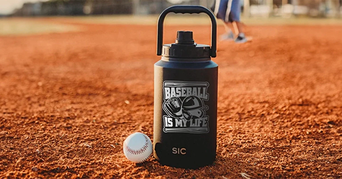 Laser Engraved Gallon Jug in a baseball field