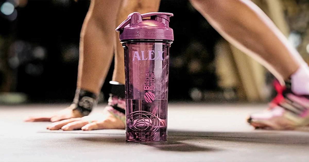 purple blenderbottle protein shaker bottle personalized with name "alex"