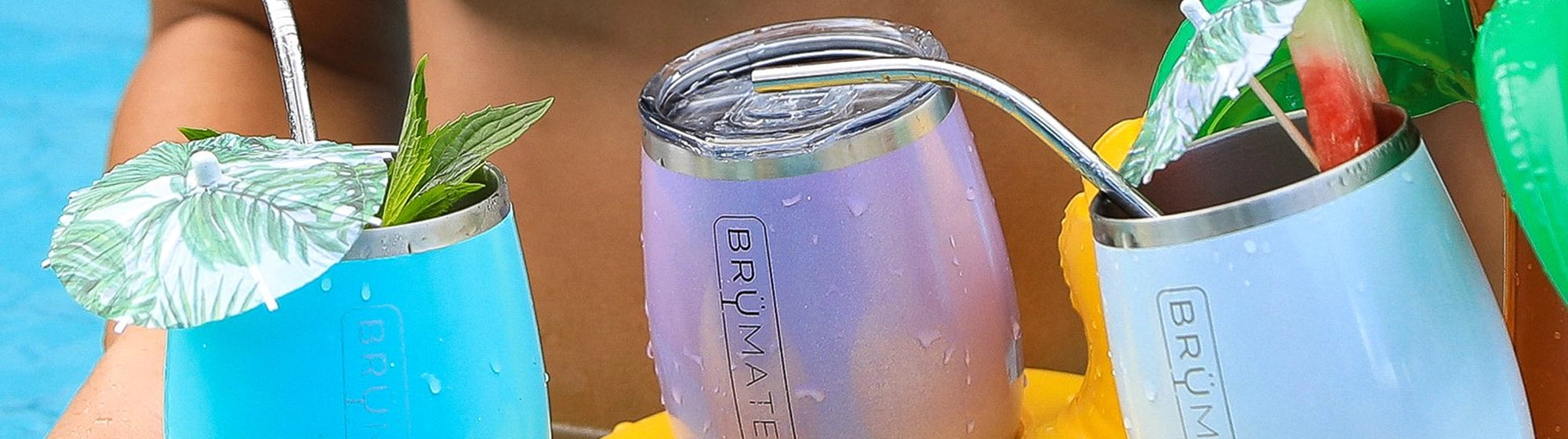 Drinkware lids, straws and accessories.  Image shows brumate wine tumblers