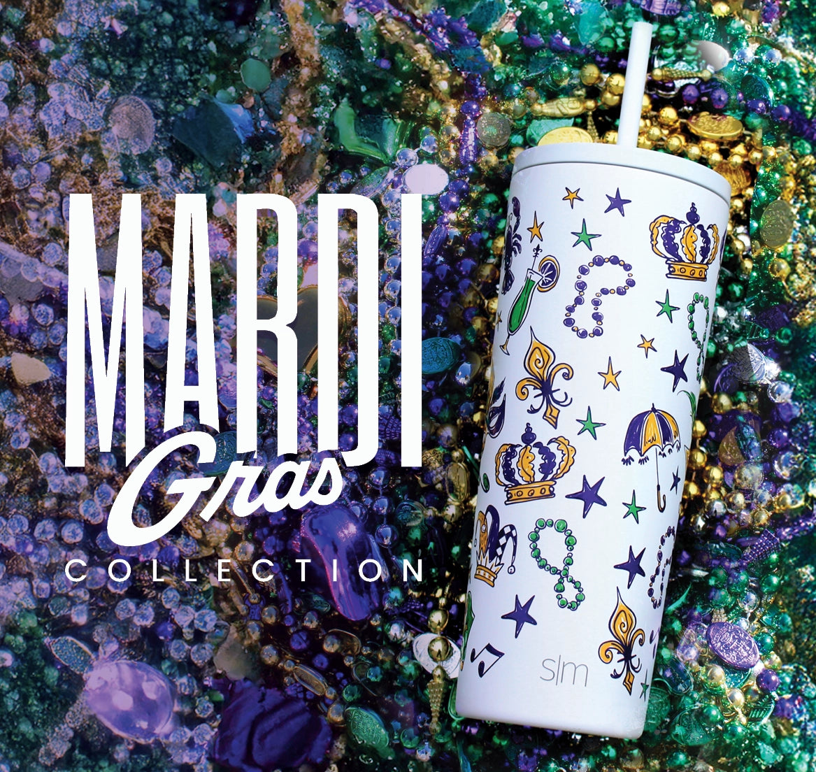 Tumbler with Mardi Gras-themed design on a colorful background with 'Mardi Gras Collection' text.