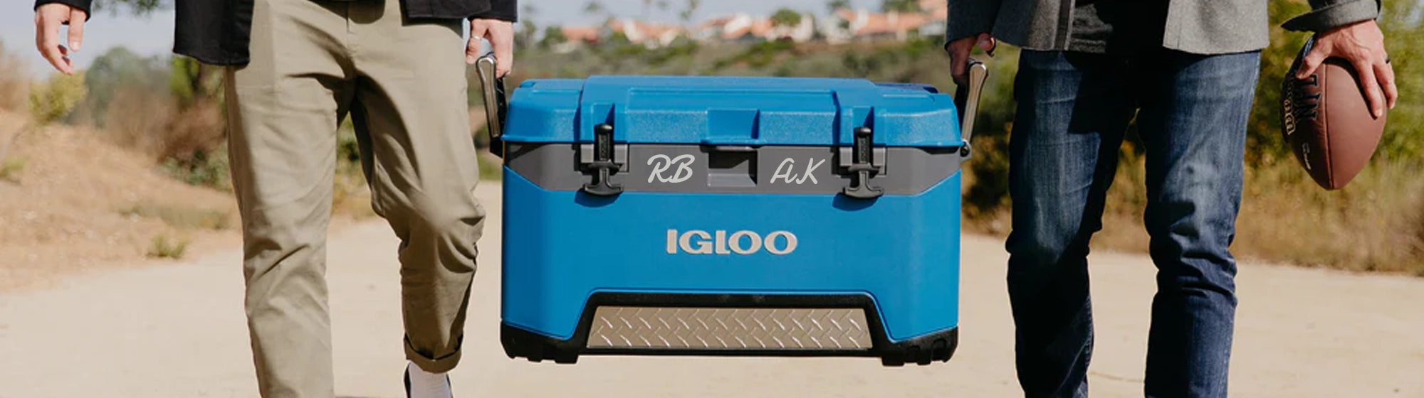 Personalized blue igloo cooler being carried