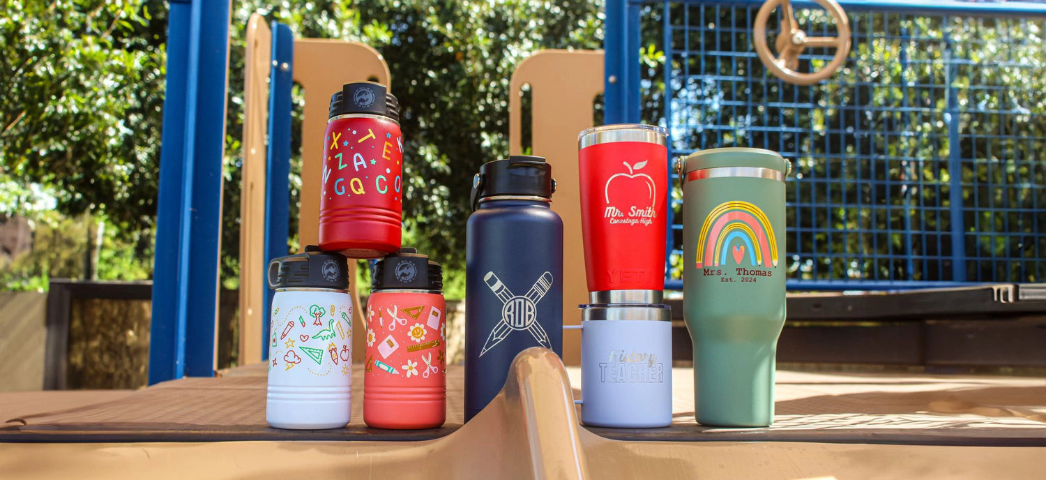 personalized back to school products. Tumblers and bottles with designs for teachers and students.