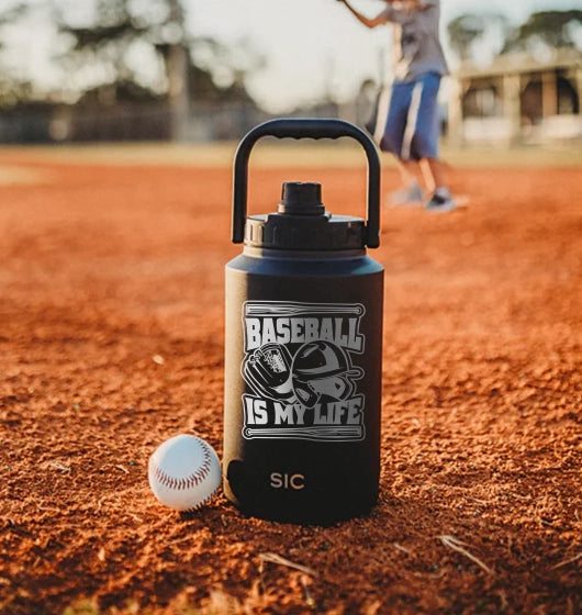 Laser Engraved Gallon Jug in a baseball field