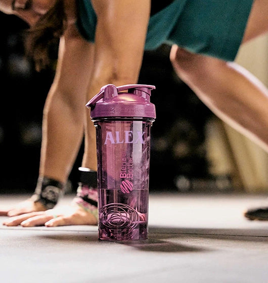 purple blenderbottle protein shaker bottle personalized with name "alex"