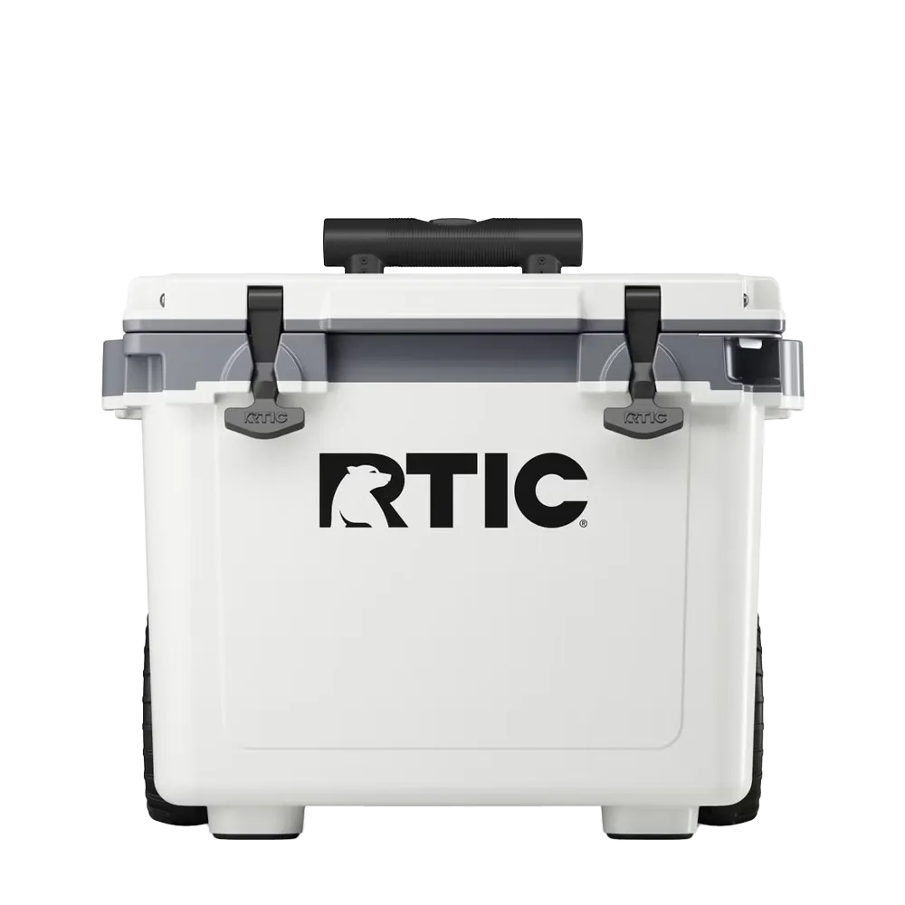 Front customization side of the RTIC Ultra Light Cooler with Wheels 22 qt in White and Gray