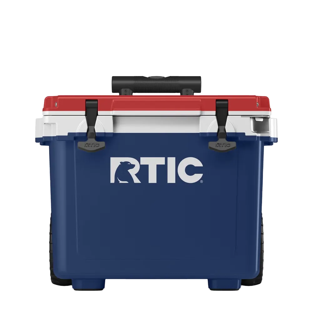 Front customization side of the RTIC Ultra Light Cooler with Wheels 22 qt in Patriot