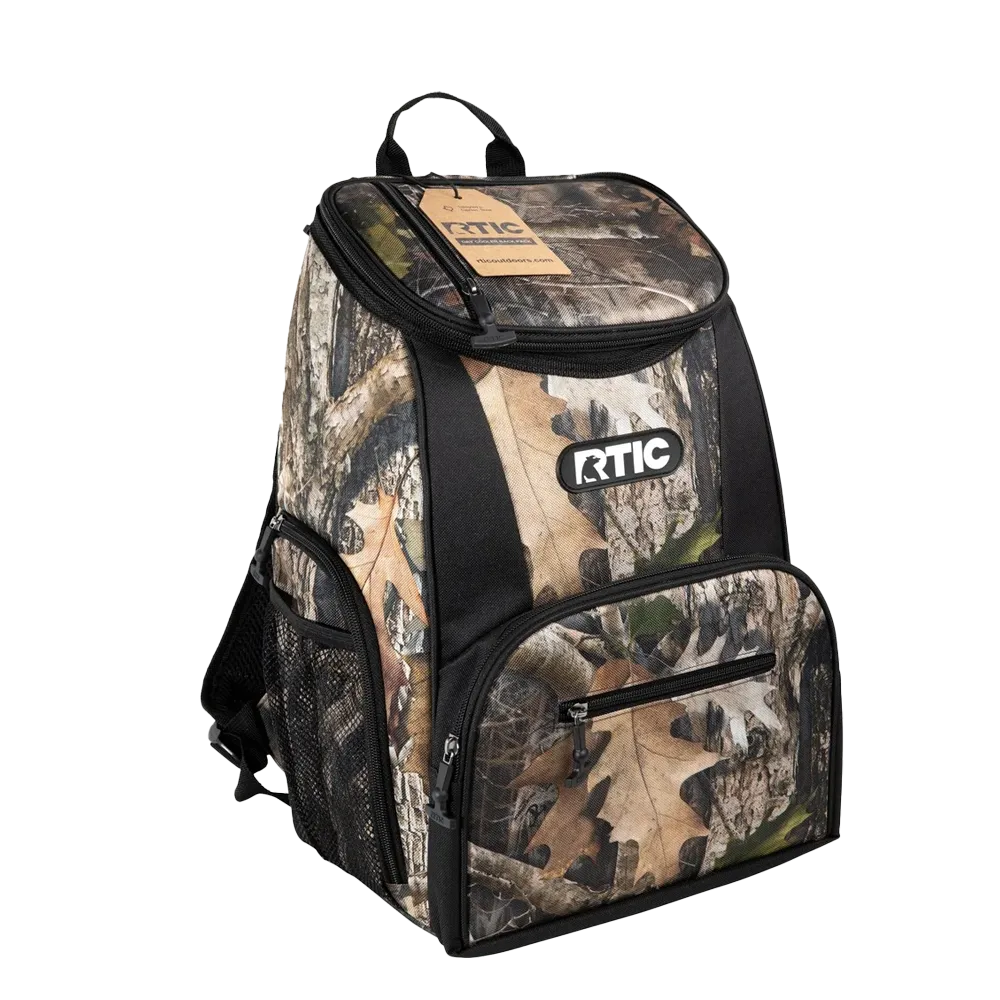 Angle view of RTIC 15 can Lightweight Backpack Cooler in Kanati Camo