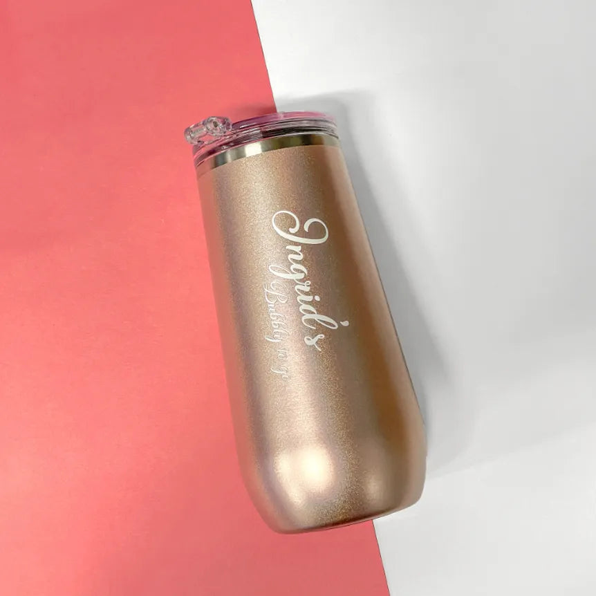personalized champagned tumbler with white wedding print