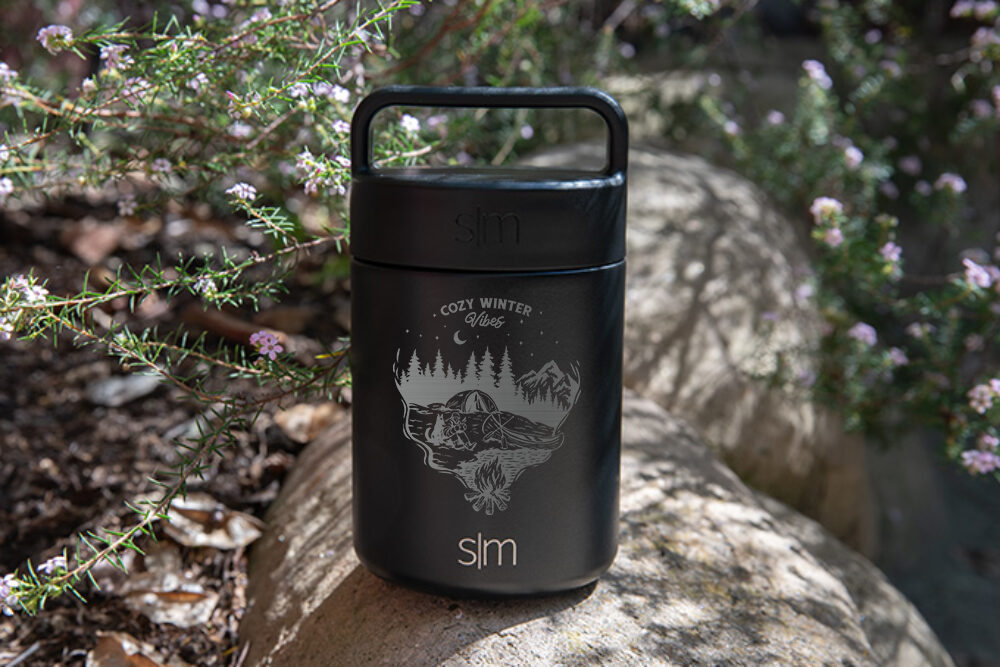 laser engraved simple modern food jar with camp scene