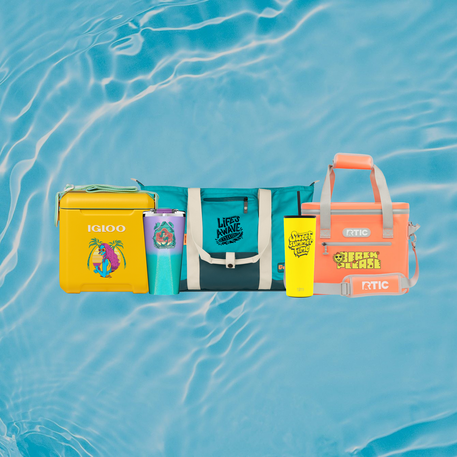 various summer themed coolers and insulated cups customized with custom branding