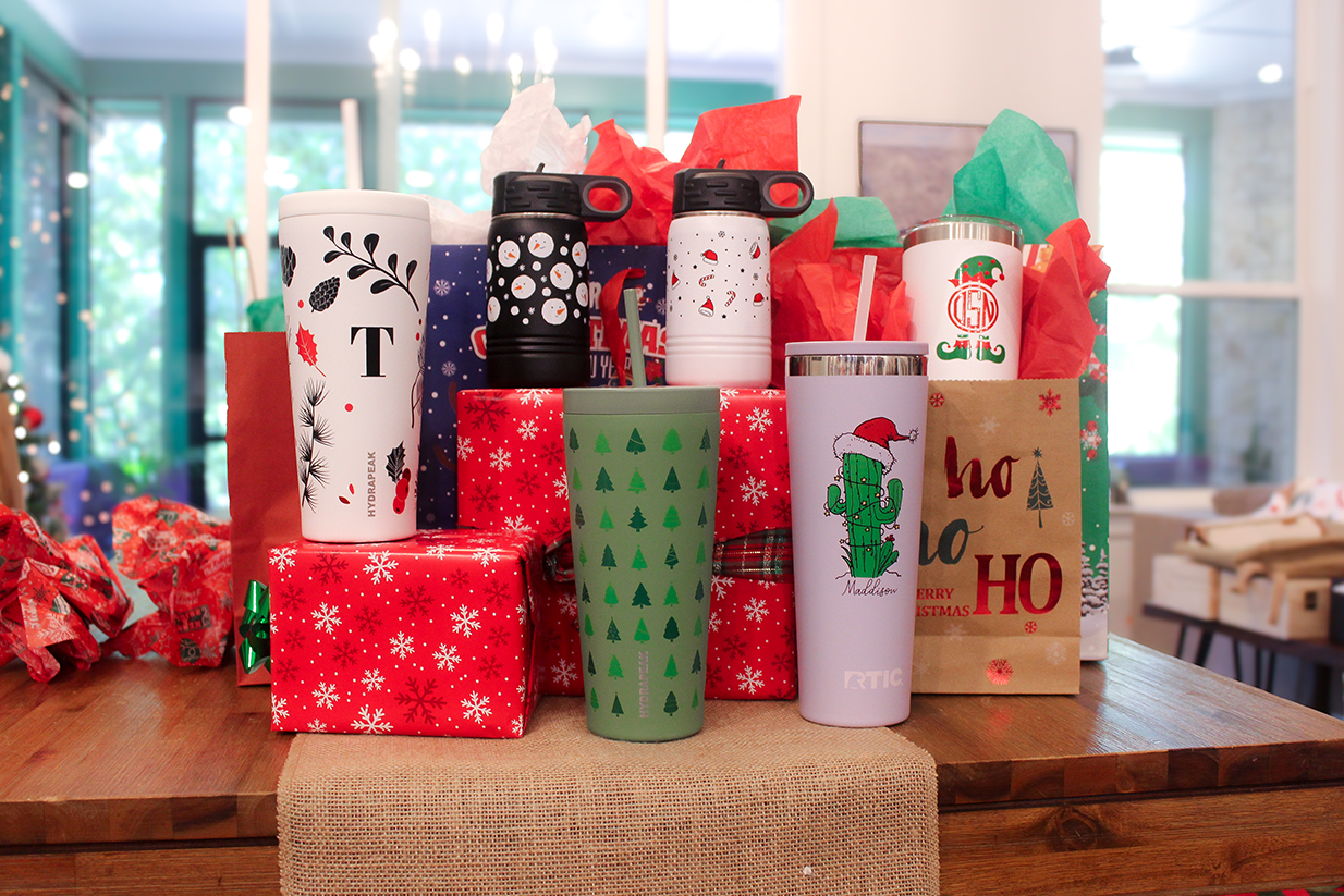 Custom Branding Holiday 2024 Drinkware Collection with full wrap tumblers, full wrap kids bottles and festive monograms