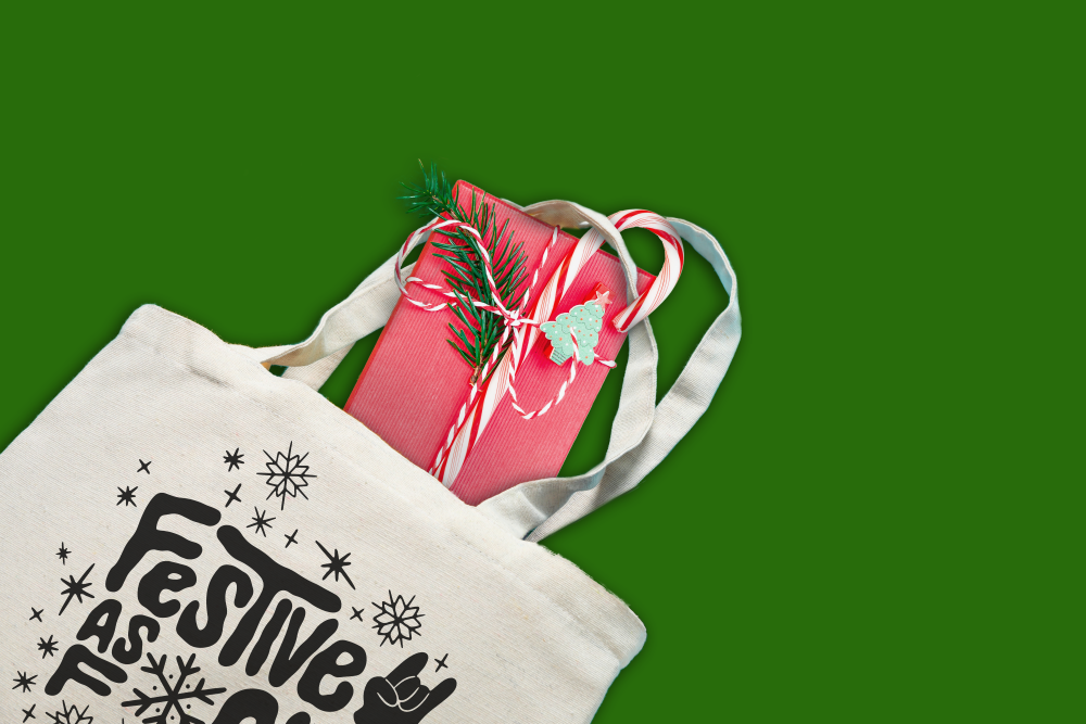 Christmas tote filled with gifts 