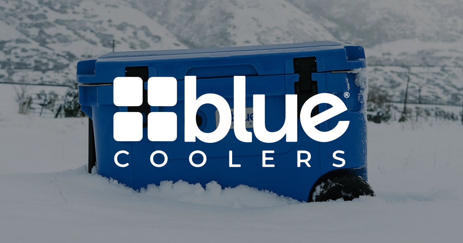 man loading a blue Blue cooler into a truck with blue cooler overlay