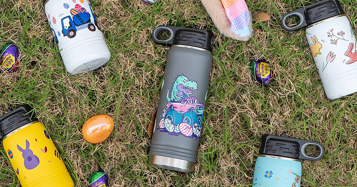 easter themed custom water bottles in grass