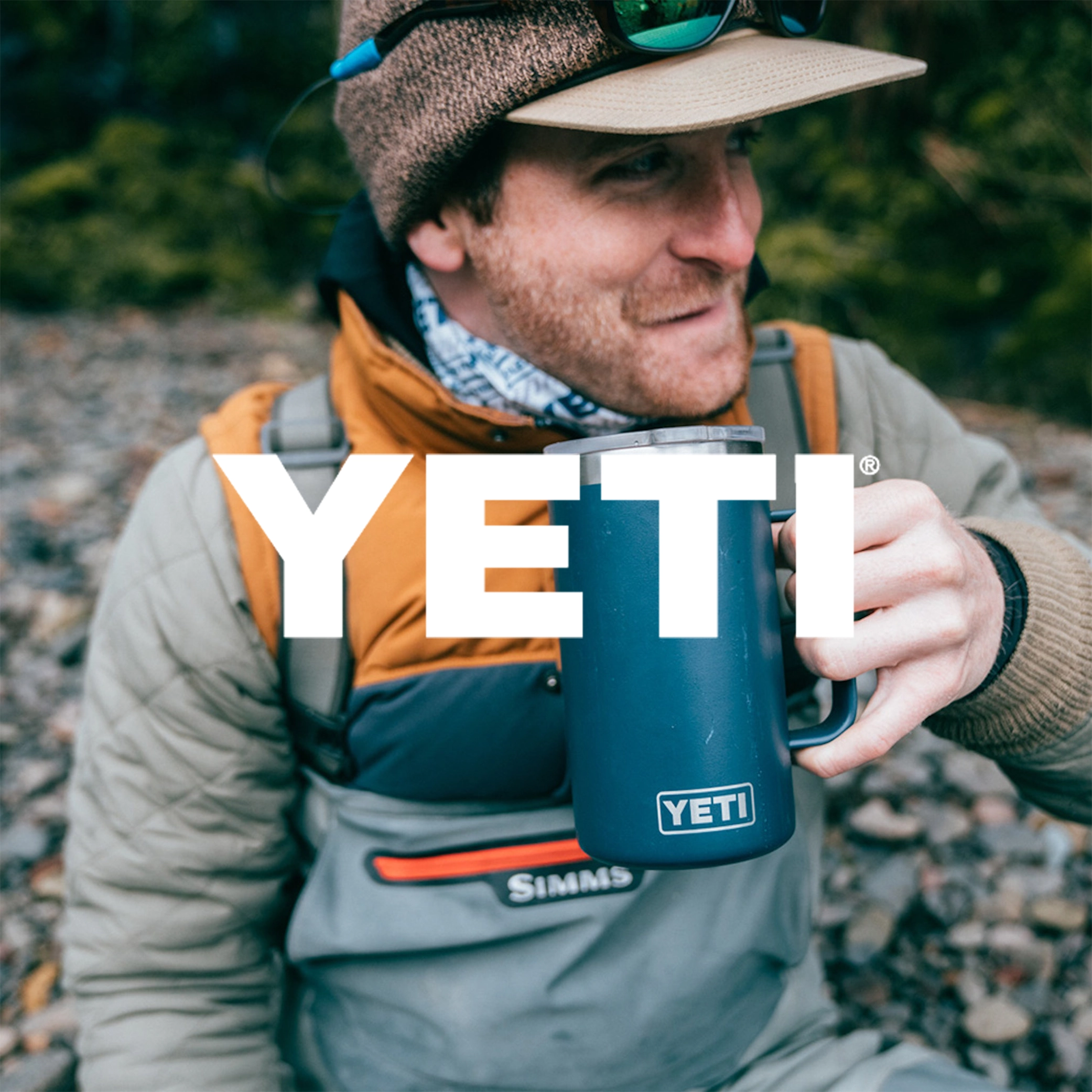 white yeti logo overlay on picture of man drinking from a yeti mug