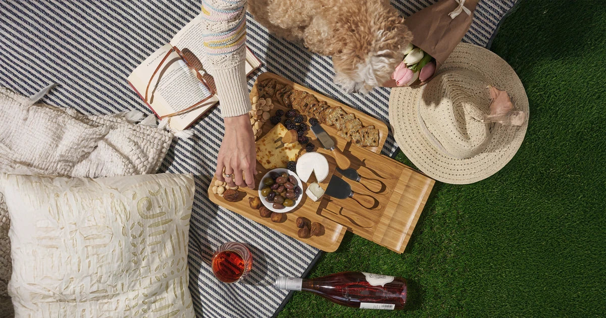 Picnic scene with personalized four piece cheese and knife set