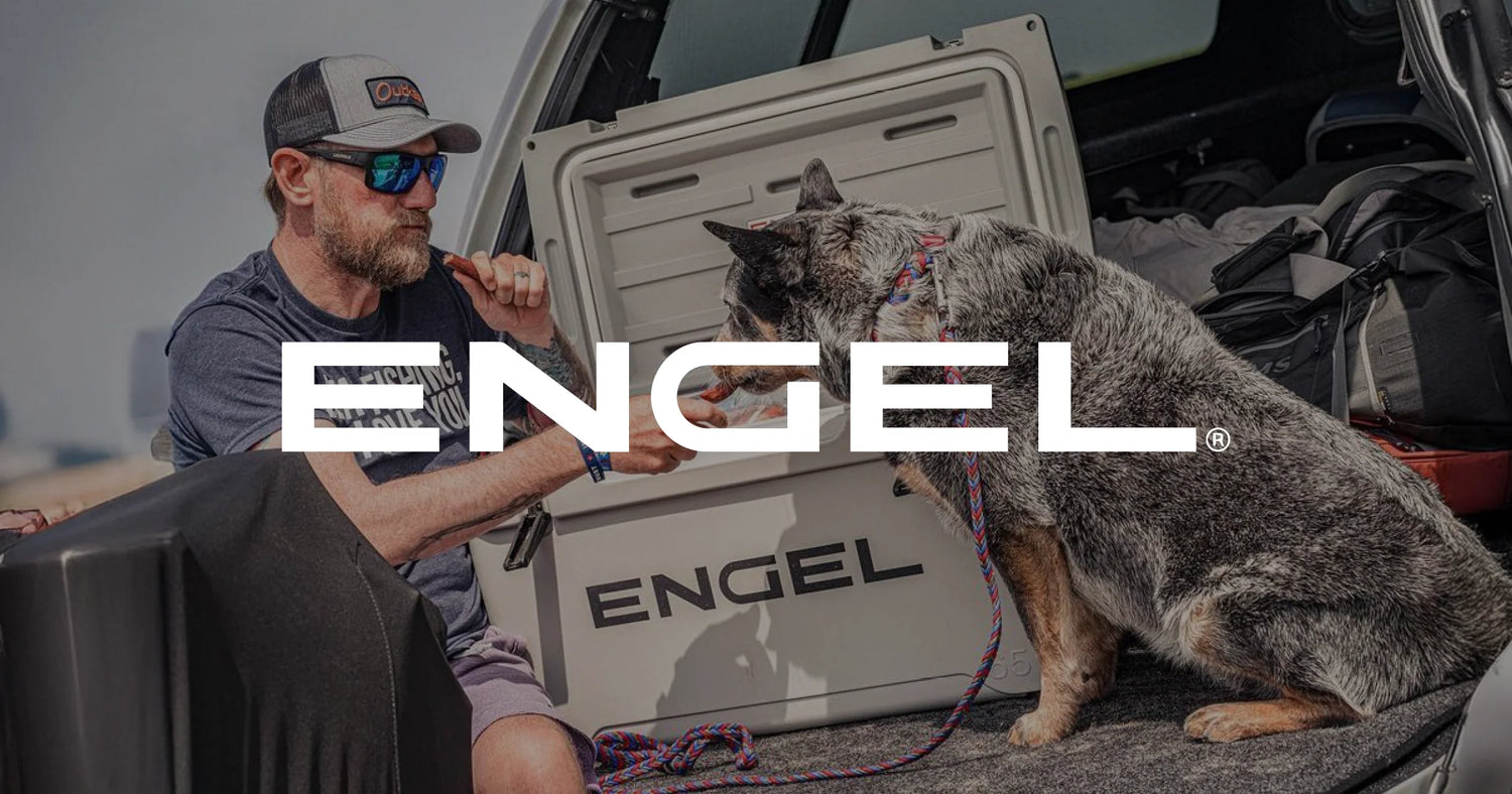 engel cooler dry box on a surf board with engel logo overaly