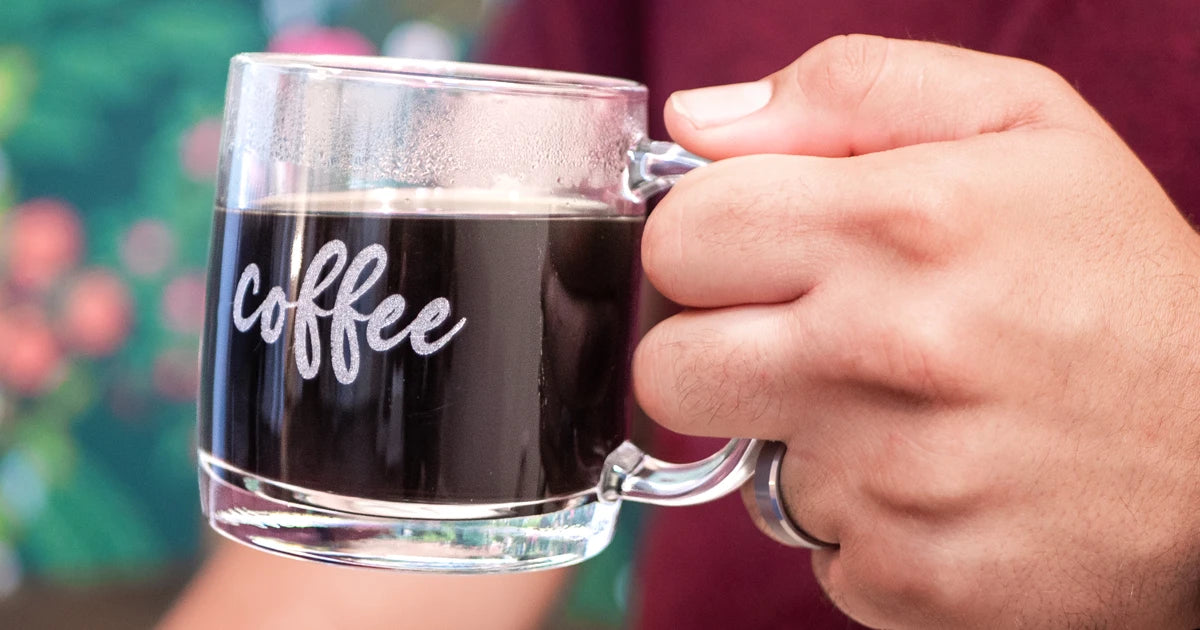 Engraved glass coffee mug with the word coffee