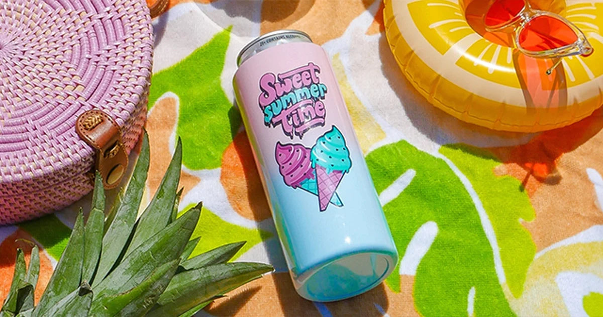 Simple Modern Ranger stainless steel insulated can holder.  Custom printed with artwork of ice cream cones and the text "sweet summer time"