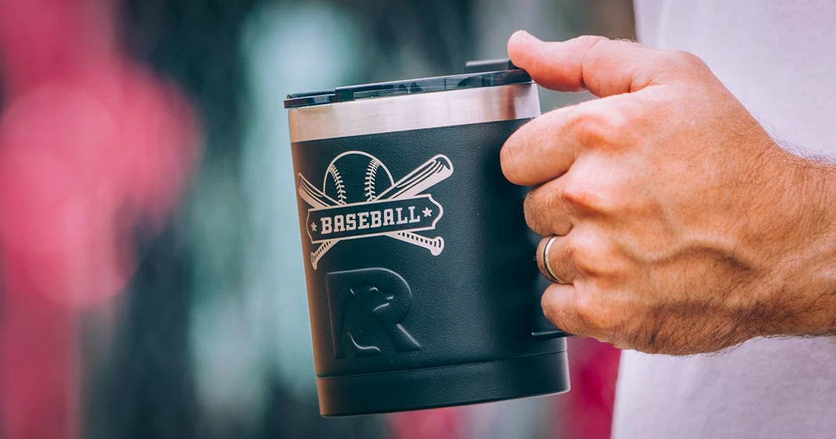 rtic coffee mug with splash proof lid engraved with baseball artwork.