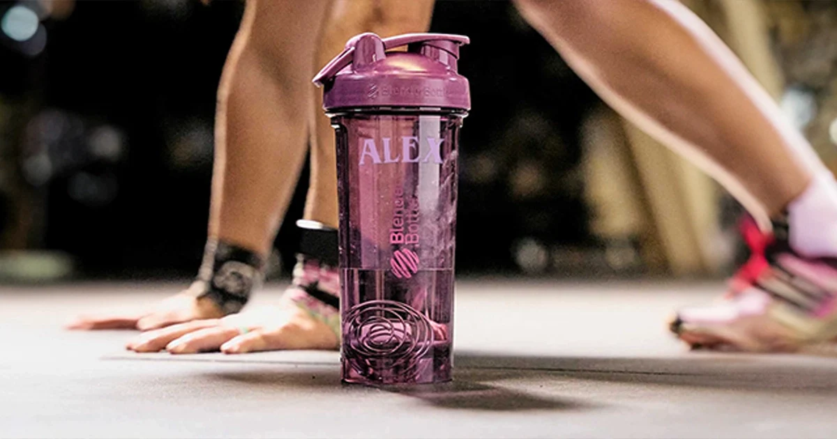 purple blenderbottle protein shaker bottle personalized with name &quot;alex&quot;