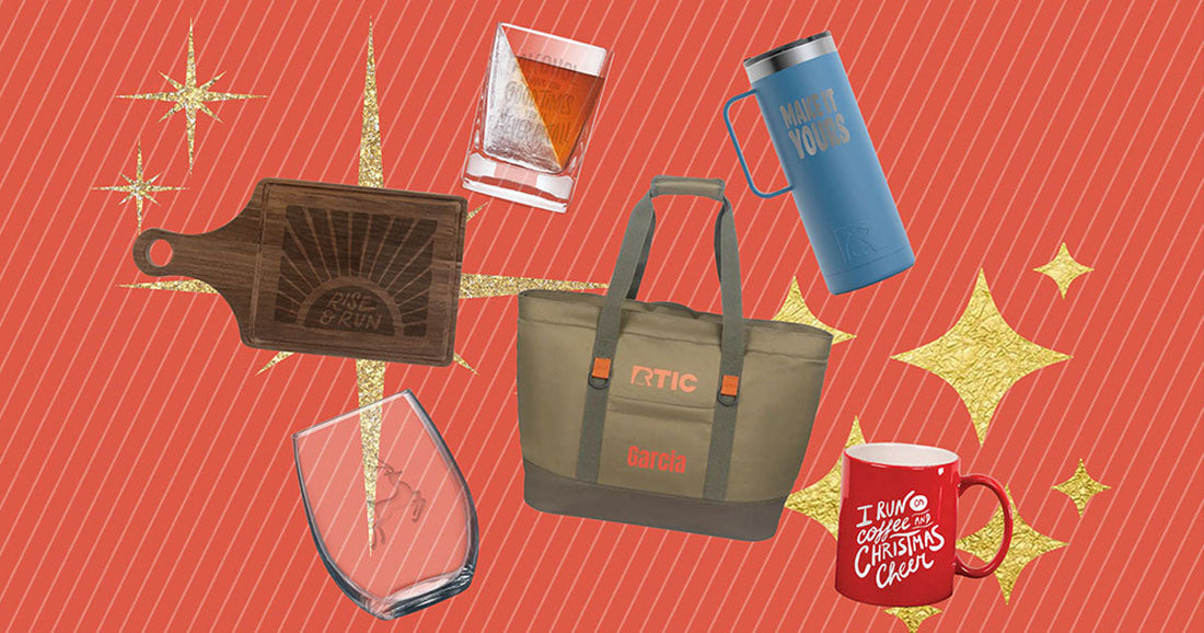 personalized holiday gift collage.  Featuring cutting boards and glass barware engraved.