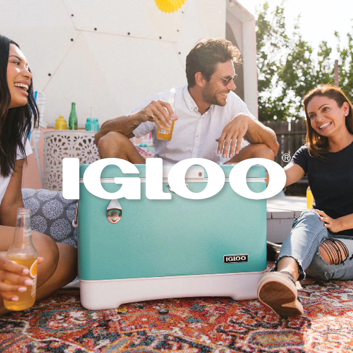 Igloo logo overlay on photo of people hanging around a legacy cooler