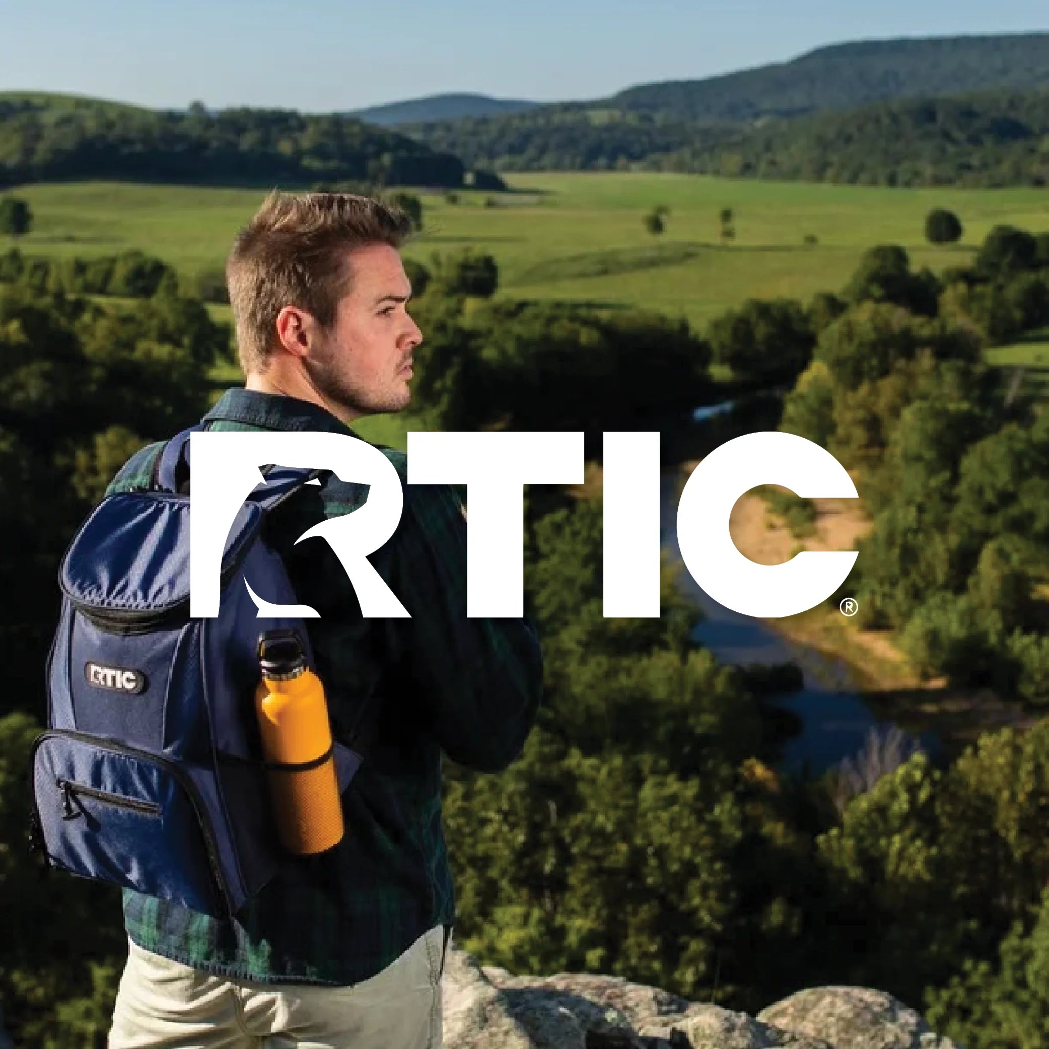 RTIC logo over a picture of a man with an rtic day cooler backpack and rtic water bottle