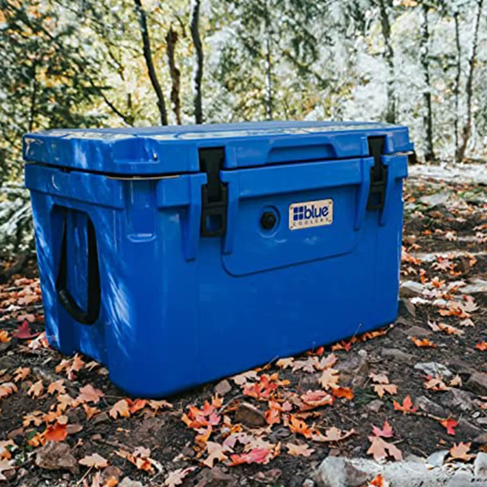 Blue Cooler 10 Day 60 quart Ice Vault cooler in blue sitting in the forest.