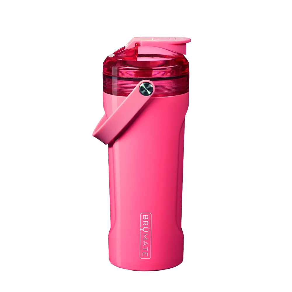 Back customization side of the BruMate MultiShaker 25 oz in Neon Pink 