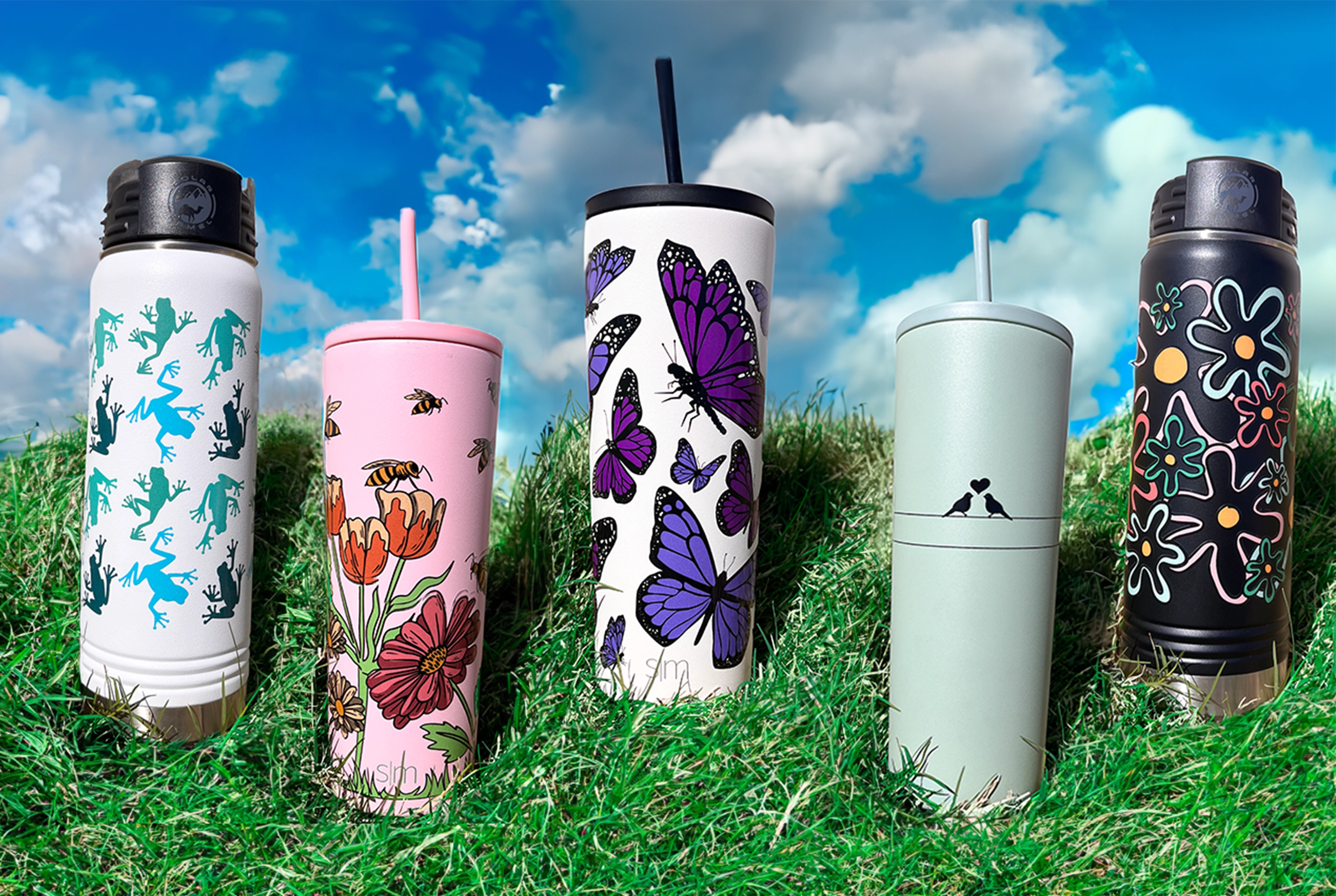 Spring full wrap drinkware with butterfly's frogs flowers and more
