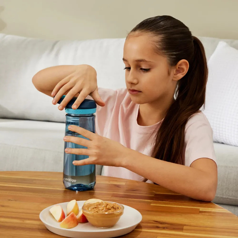 A girl removing the top from Contigo Kids Micah Water Bottle.