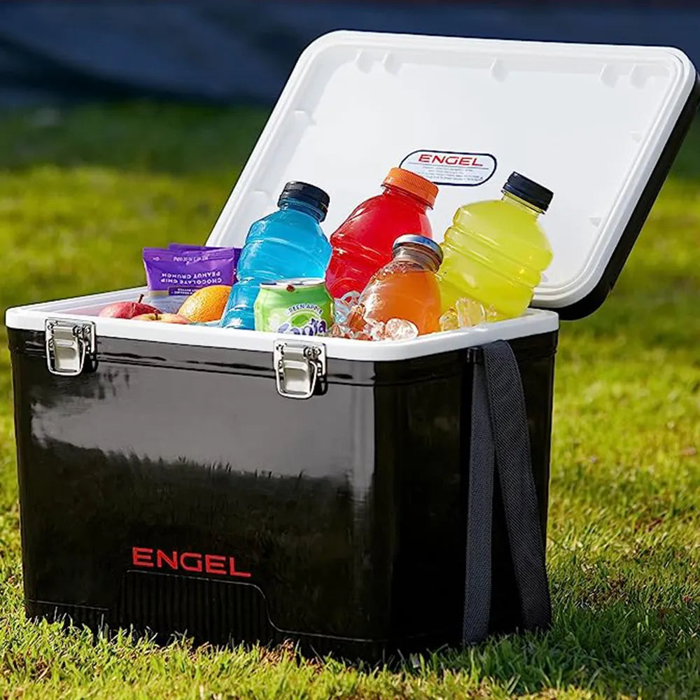 Engel 19 Quart Drybox/Cooler with drinks and ice inside.