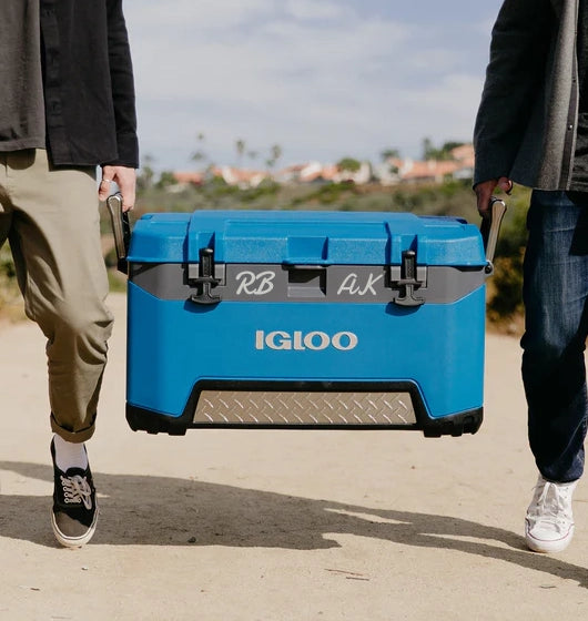 Personalized blue igloo cooler being carried