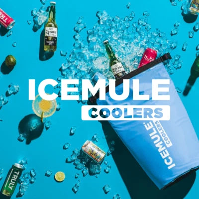 Icemule Classic Cooler in Blue with contents including ice and beer