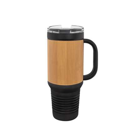 Polar Camel Leatherette Handle Travel Mug with Straw 40 oz Black Bamboo 