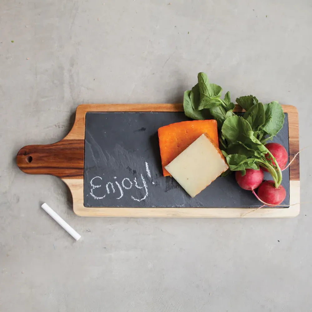Twine Living Co. Wood and Slate Paddle Cheese Board with cheese and beets on.