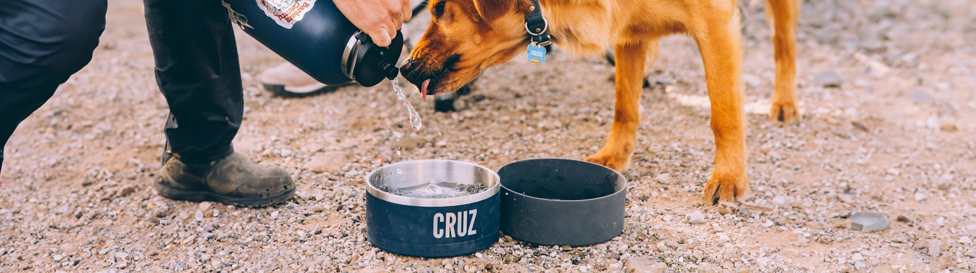 Personalized dog bowl engraved with dog name.  Image shows dog drinking from a jug that is pouring water into its bowl.