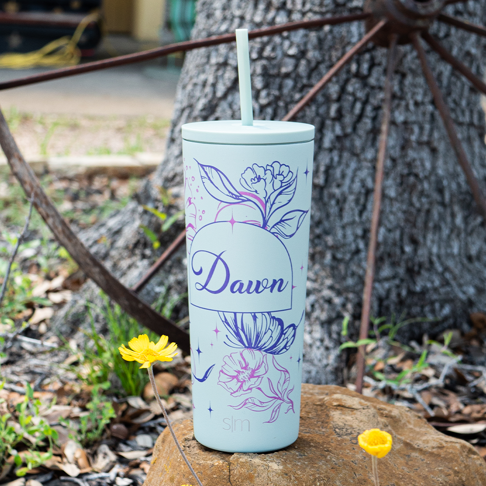 blue and pink floral queen mother tumbler personalized with the name &quot;dawn&quot;
