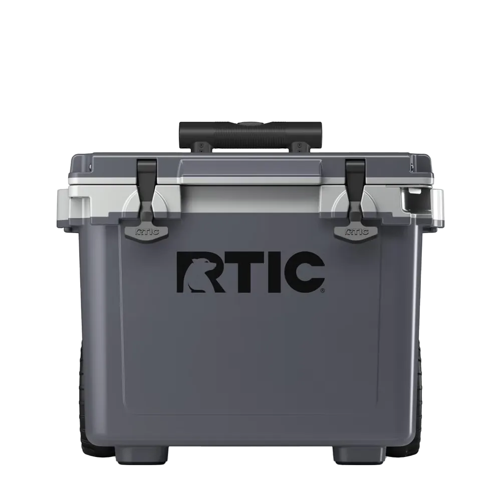 Front customization side of the RTIC Ultra Light Cooler with Wheels 22 qt in Dark Gray and Cool Gray 