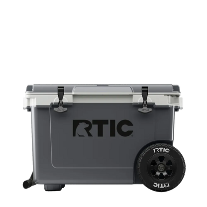 Front customization side of the RTIC Ultra Light Cooler with Wheels 52 qt in Dark Gray and Cool Gray 