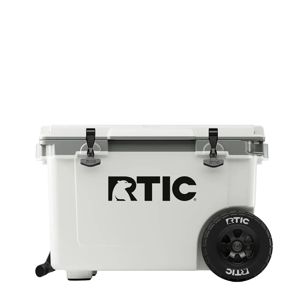 Front customization side of the RTIC Ultra Light Cooler with Wheels 52 qt in White and Gray 