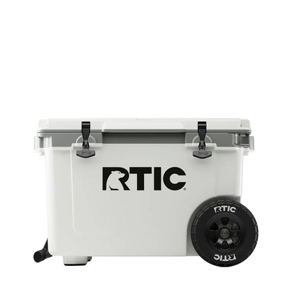 Front customization side of the RTIC Ultra Light Cooler with Wheels 52 qt in White and Gray 