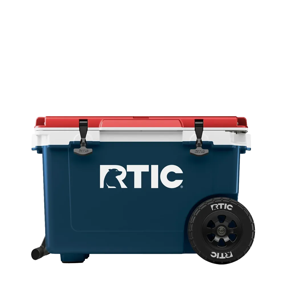Front customization side of the RTIC Ultra Light Cooler with Wheels 52 qt in Patriot 