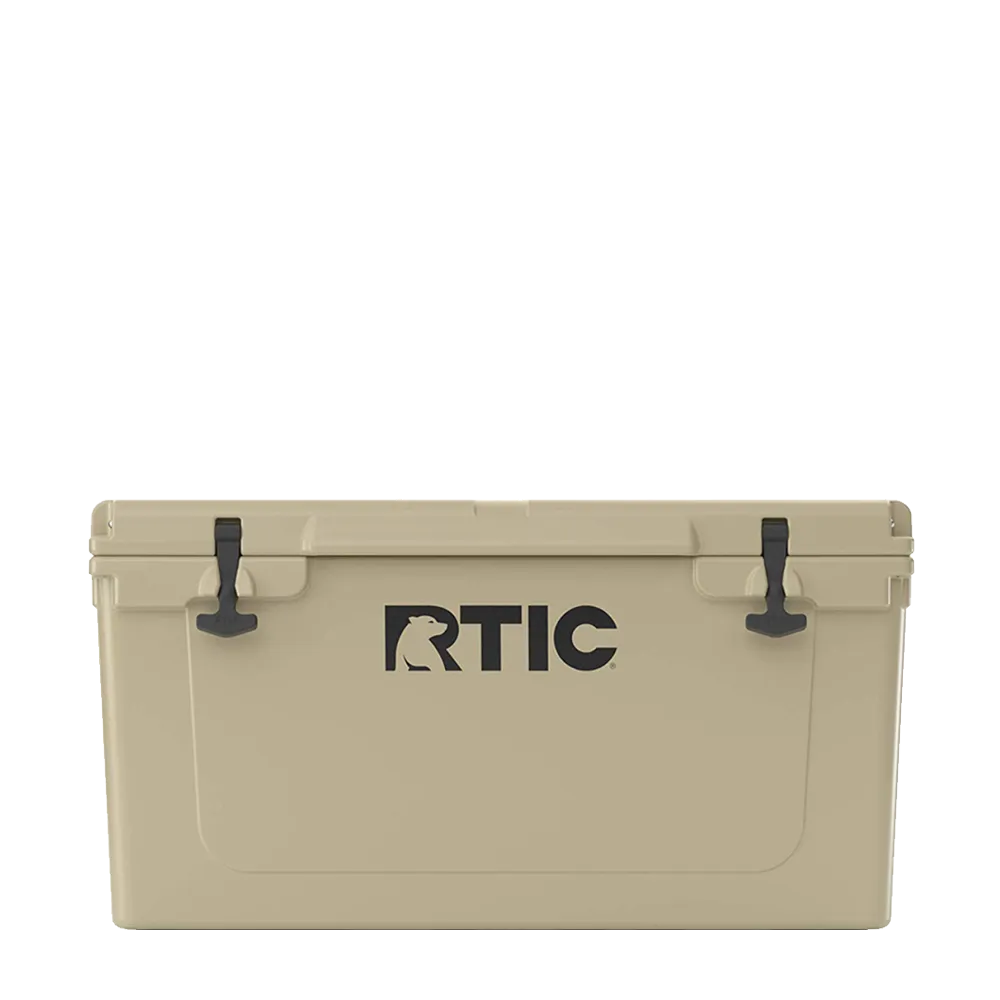 Front customization side of the RTIC Ultra-Tough Cooler 65 qt in Tan 