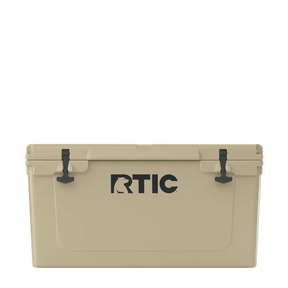 Front customization side of the RTIC Ultra-Tough Cooler 65 qt in Tan 