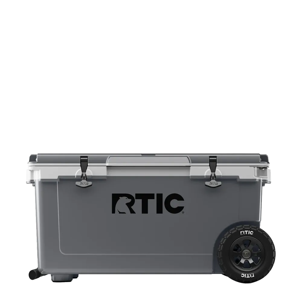 Front customization side of the RTIC Ultra Light Cooler with Wheels 72 qt in Dark Gray and Cool Gray 