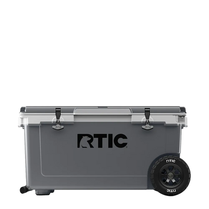 Front customization side of the RTIC Ultra Light Cooler with Wheels 72 qt in Dark Gray and Cool Gray 