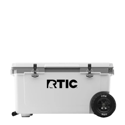 Front customization side of the RTIC Ultra Light Cooler with Wheels 72 qt in White 