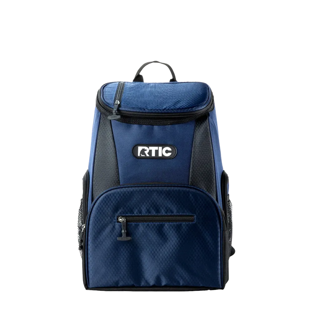Front customization side of the RTIC Lightweight Backpack Cooler 15 Can in Navy and Black 